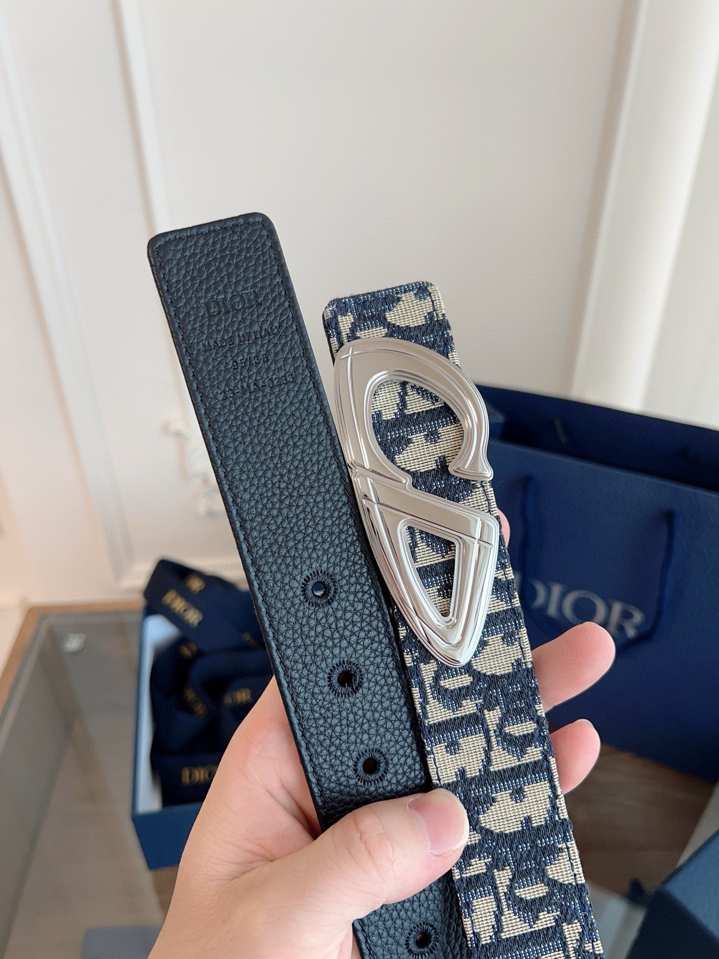 Dior Oblique Blue Cloth Black Cowhide Leather Strap 3.5cm Wide