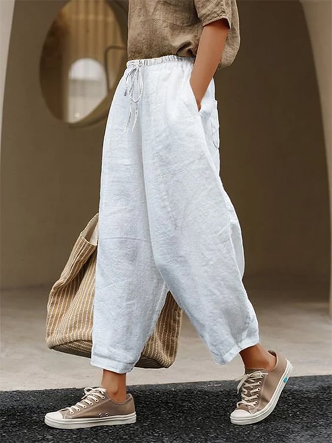 Women's Cotton High Waist Vintage Loose Crop Haren Pants