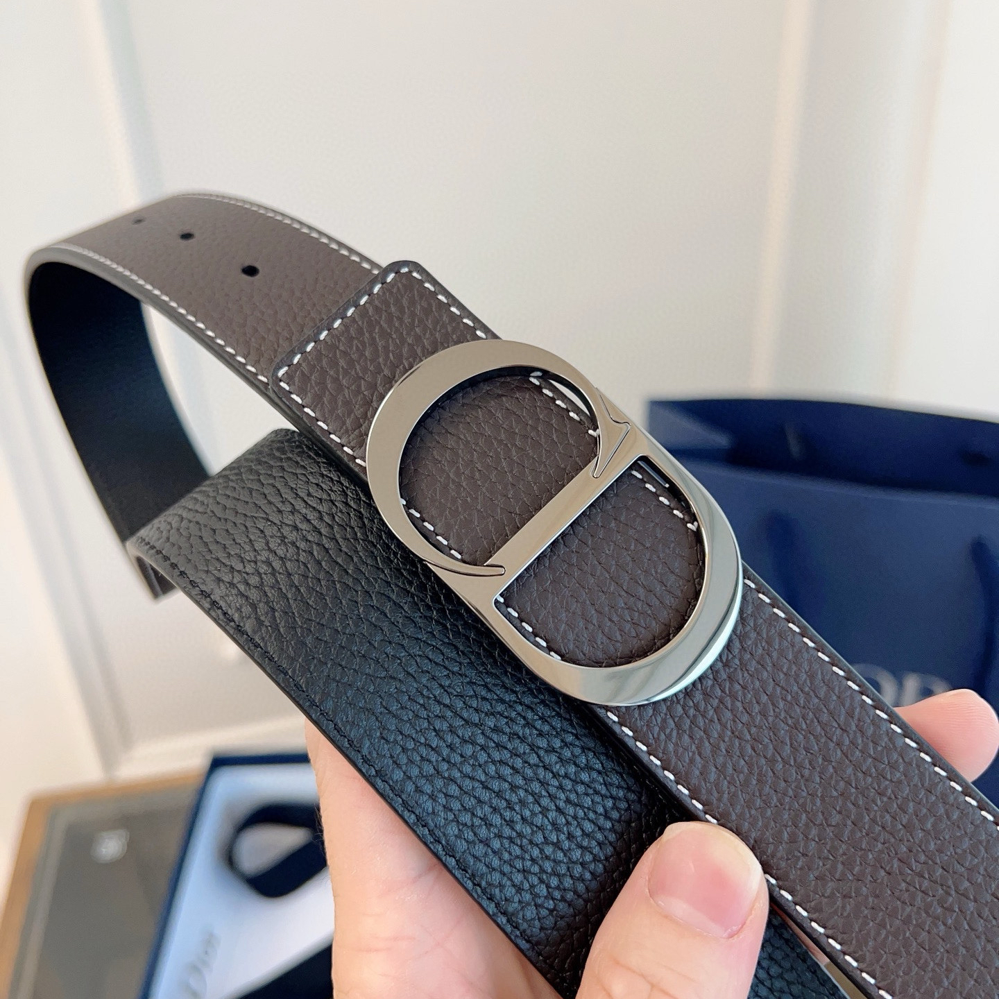 Dior coffee black double-sided cowhide leather belt width 3.5cm