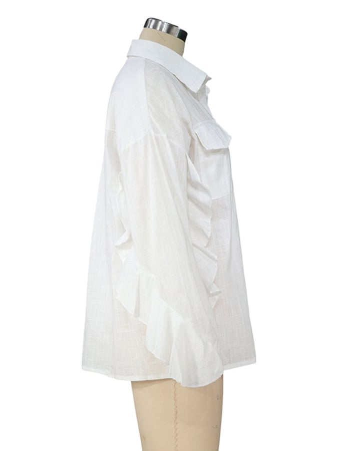 Women's Solid Color V-Neck Ruffled Sleeve Design Casual Cotton And Linen Shirt