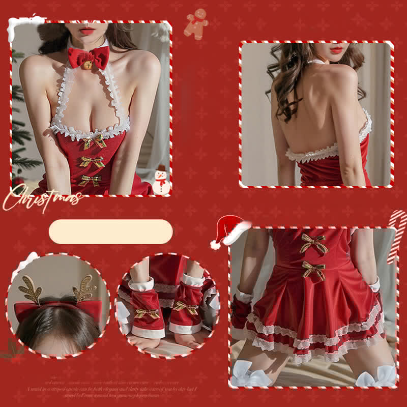 Christmas Halter Bow Knot Lace Lingerie Dress