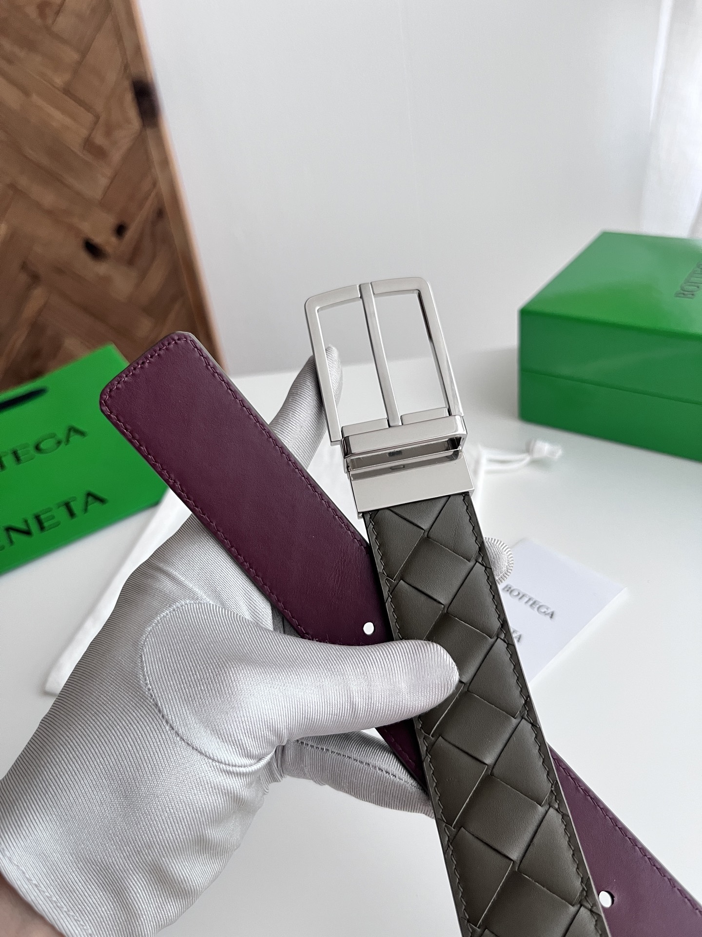 Bottega Veneta intreccio woven cowhide double-sided waistband with a width of 3.5cm