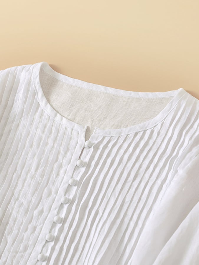 Women's Pleated Round Neck Casual Cotton And Linen Shirt