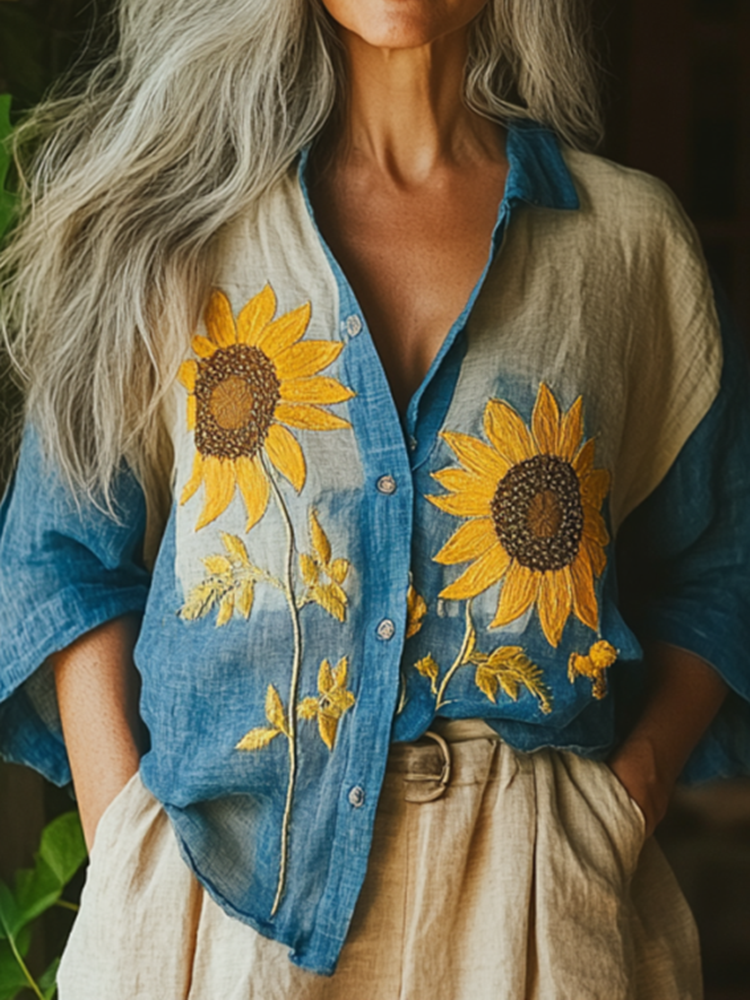 Bohemian Linen Floral Ukraine Sunflower Gradient Art Print  Long Sleeve Shirt
