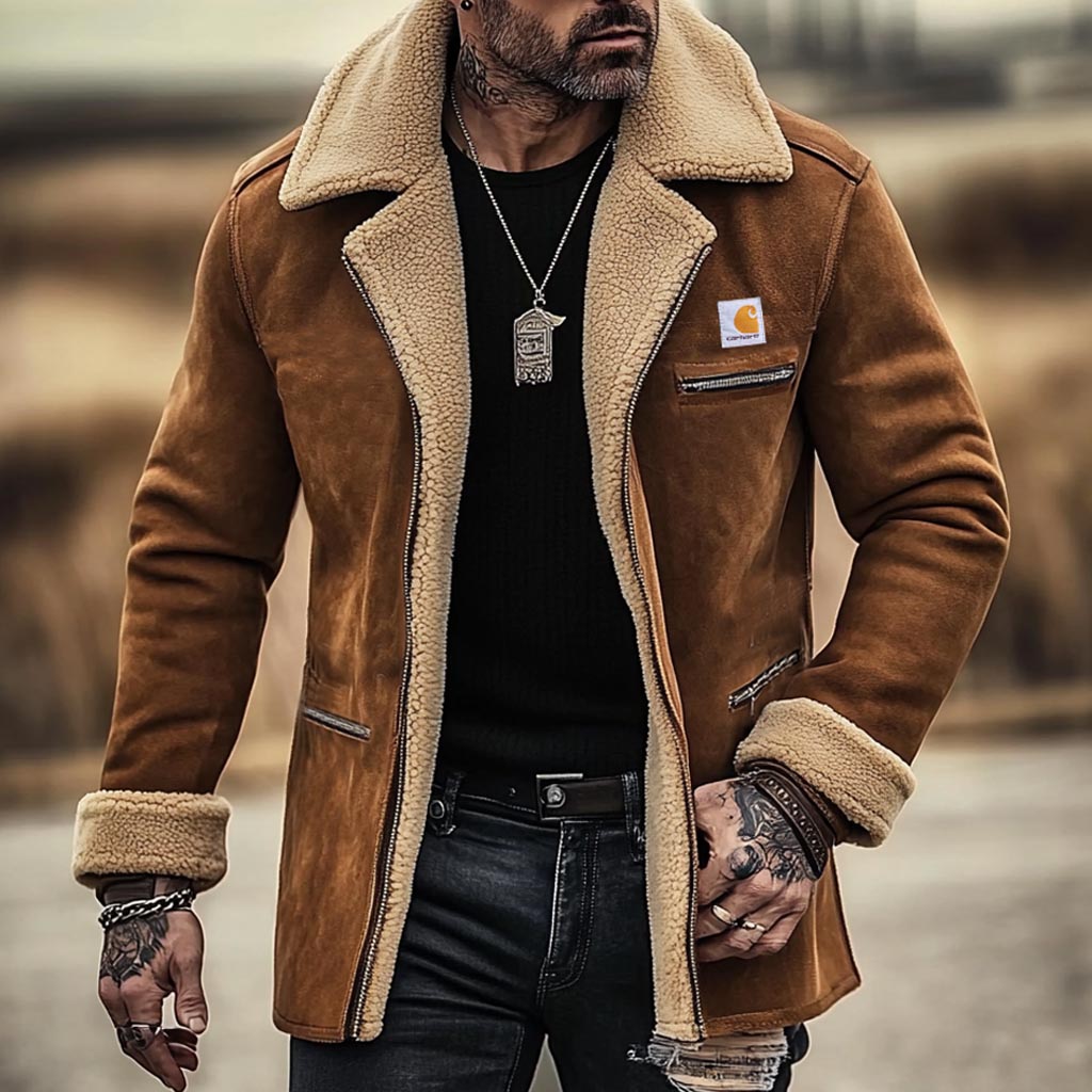 Men's Vintage Suede Shearling Zipper Pocket Fleece Wool Fur Lapel Collar Mid-Length Coat Jacket