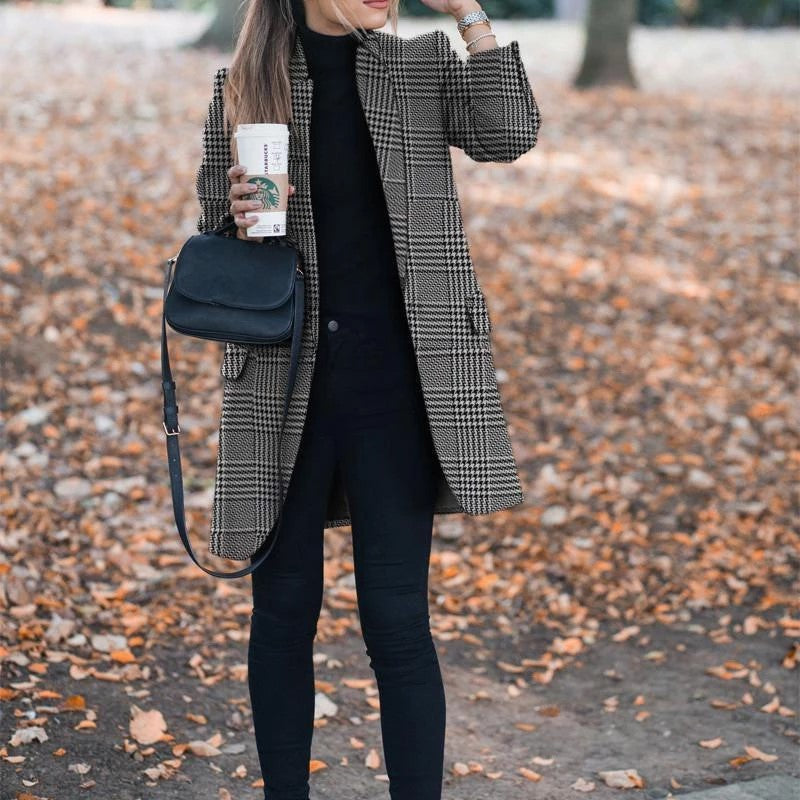 Women's Stand-Collar Woolen Coat with Fashion Print