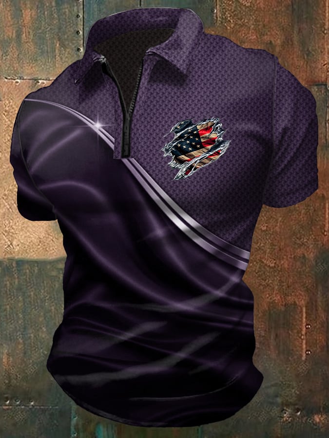 Men's Casual Independence Day Flag Print Polo Shirt