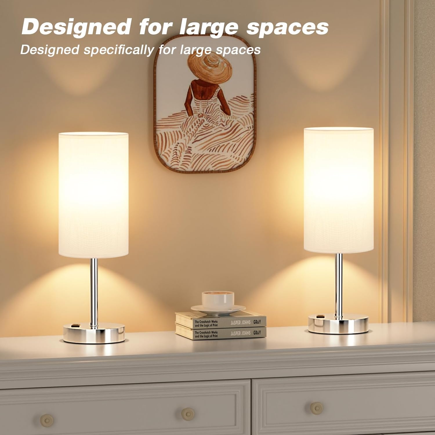 Bedside Table Lamp for Bedroom - 3 Way Dimmable Touch Lamp USB C Charging Ports and AC Outlet, Small Lamp Wood Base Round Flaxen Fabric Shade for Living Room, Desk, LED Bulb Included