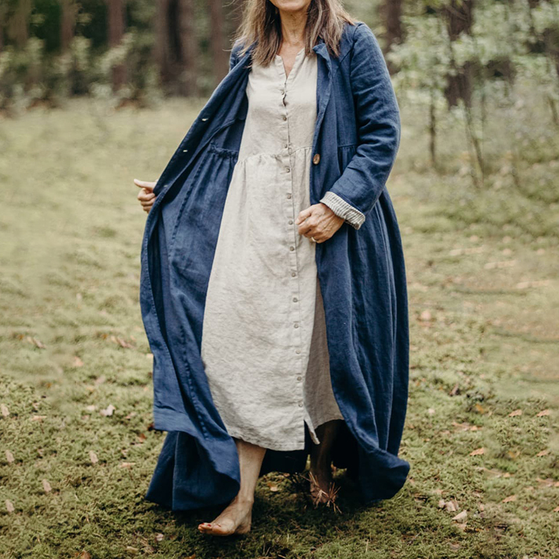 Vintage Lapel Solid Button Linen Cotton Comfy Long Coat