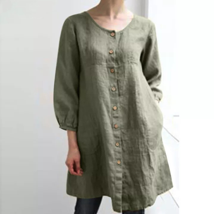Solid Color Round Neck Button Casual Shirt