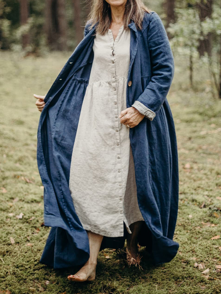 Vintage Lapel Solid Button Linen Cotton Comfy Long Coat