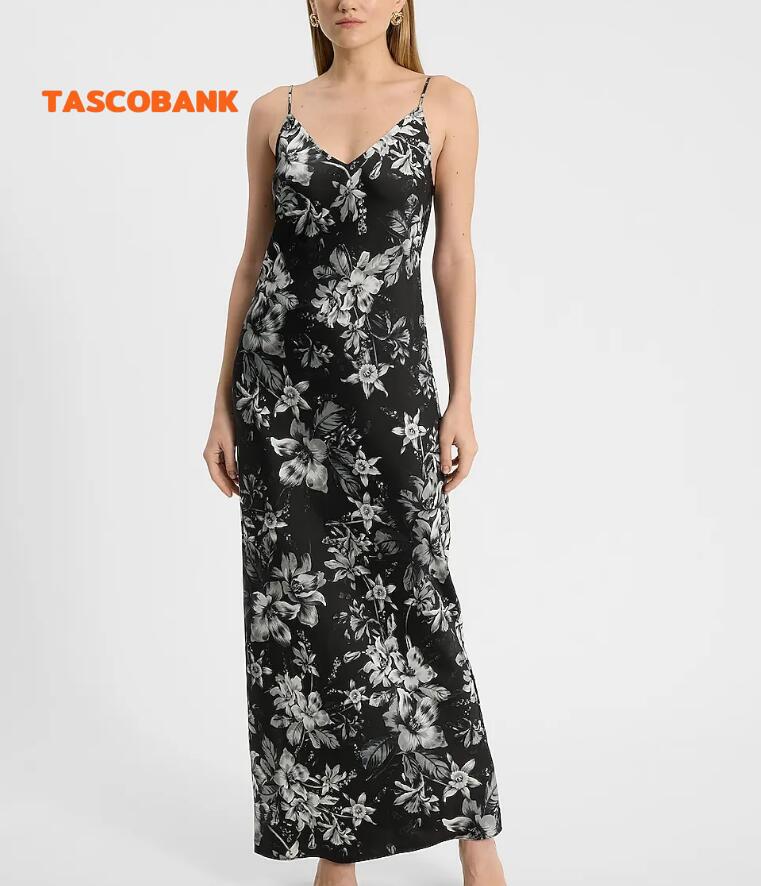 Floral Satin V-Neck Maxi Downtown Cami Slip Dress