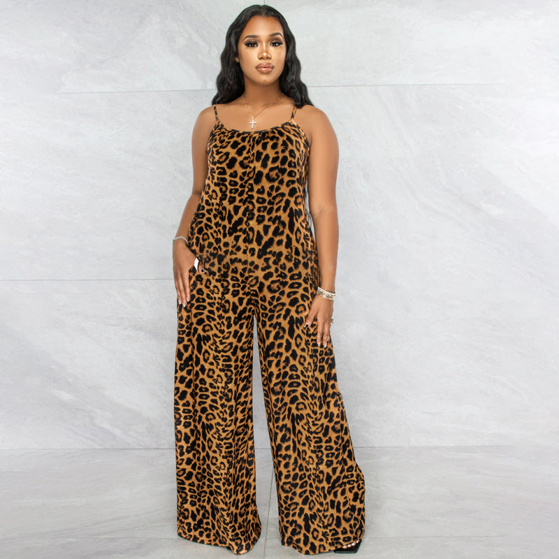 Plus Size New Jumpsuit Summer Leopard Print Sling Casual Jumpsuit