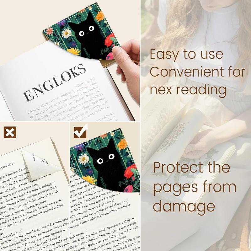 🔥ON SALE🔥3 Pcs Cute Black Cat Floral Corner Bookmarks - Funny Leather Book Accessories for Book Lovers