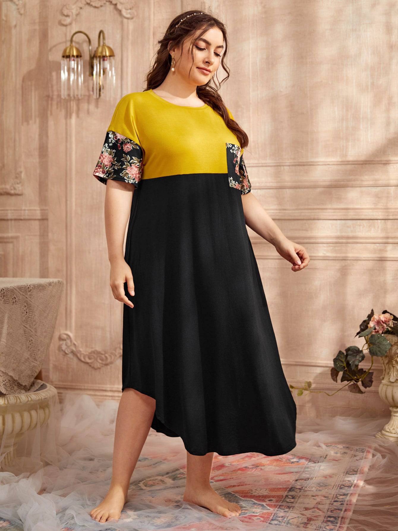 Plus Size Women Clothes Popular Irregular Asymmetric Hem Dress Stitching Printing Color Contrast Short Sleeve Pocket