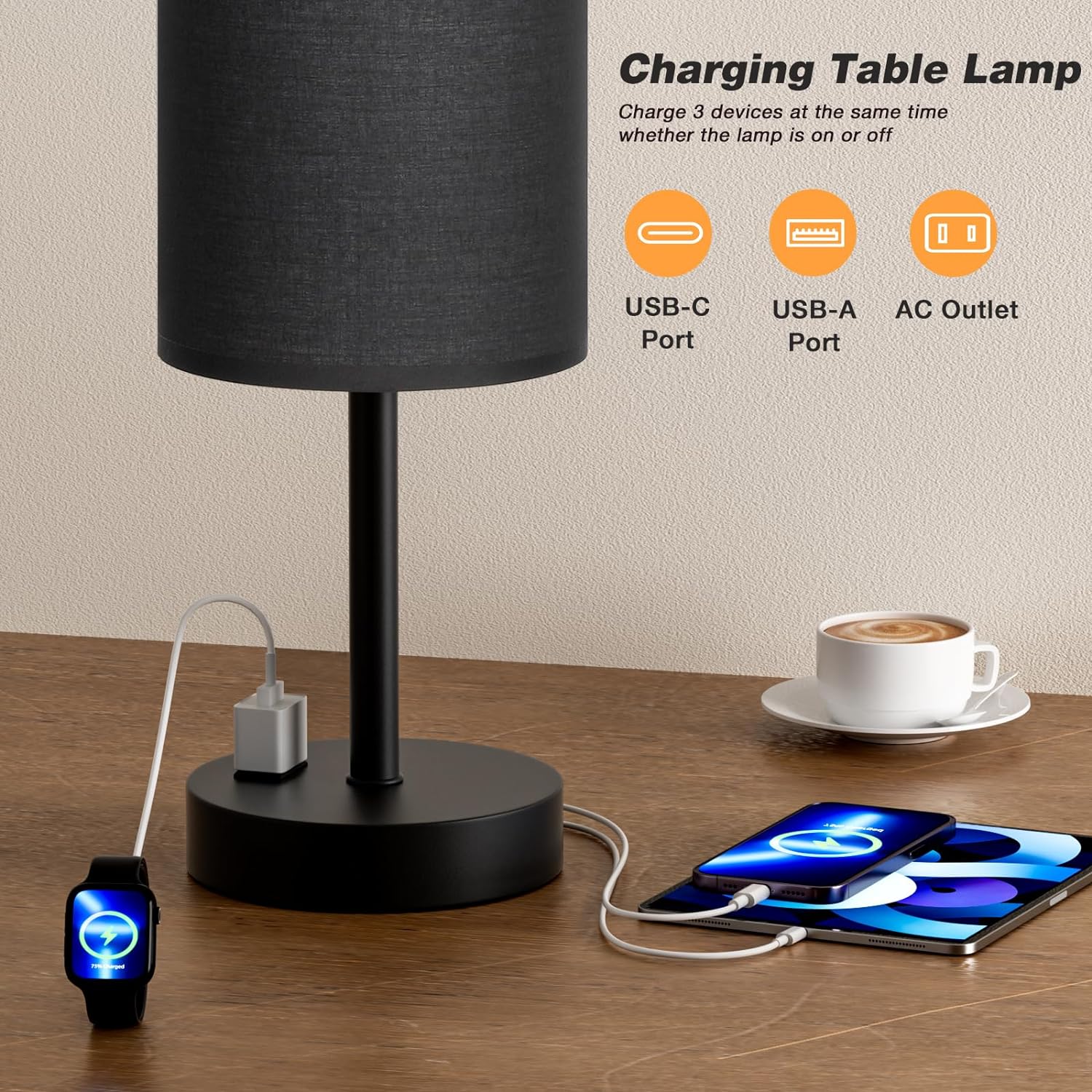 Bedside Table Lamp for Bedroom - 3 Way Dimmable Touch Lamp USB C Charging Ports and AC Outlet, Small Lamp Wood Base Round Flaxen Fabric Shade for Living Room, Desk, LED Bulb Included