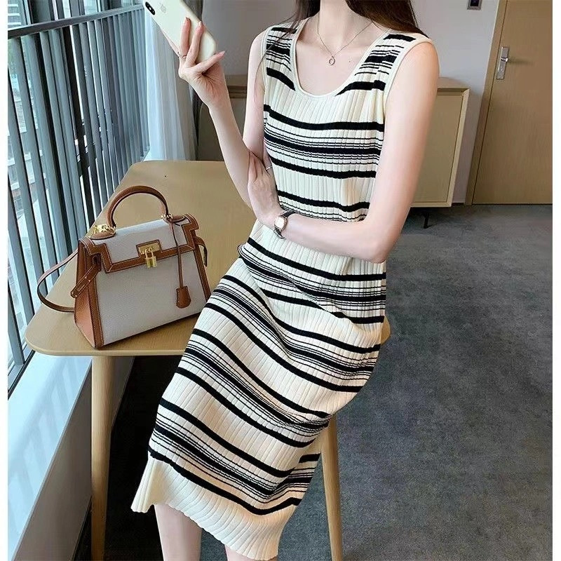 Thin sleeveless temperament Striped knitted dress French style