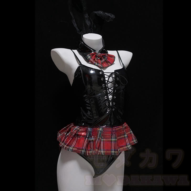 Cospaly Bunny Plaid Print Lace Up Slip PU Lingerie Set
