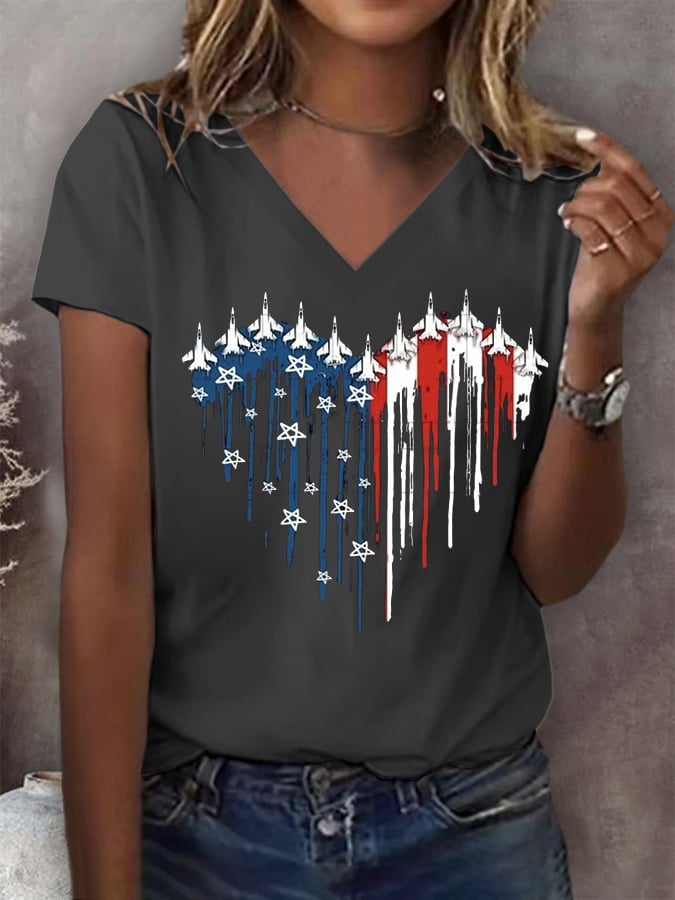 Women's Flag Independence Day V-Neck Printed T-Shirt