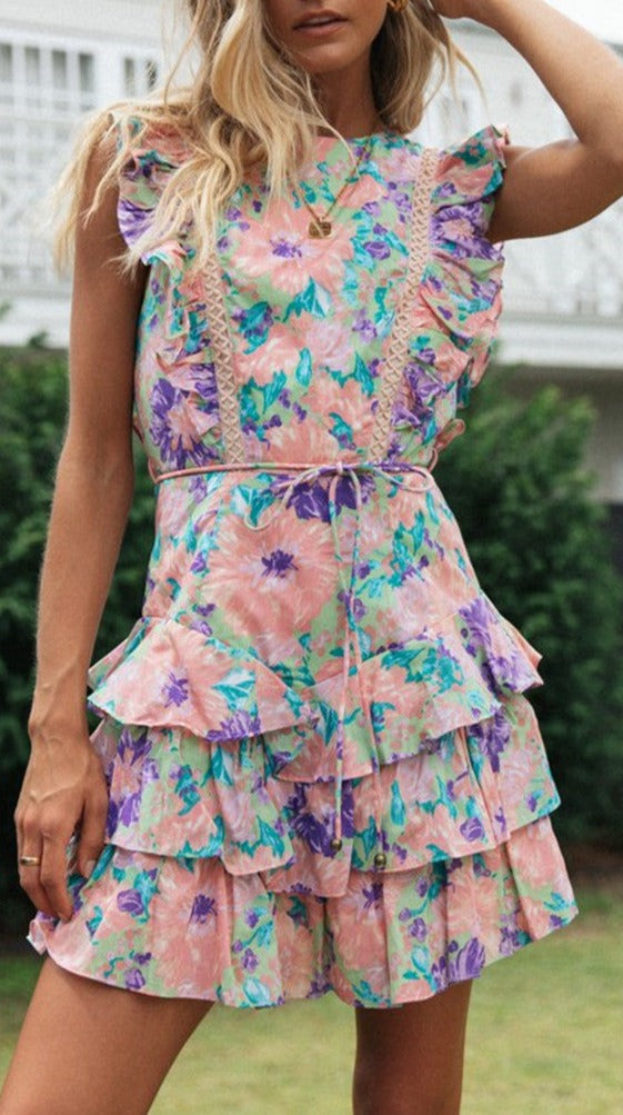 Women's Printed Round Neck Halter Cake Dress