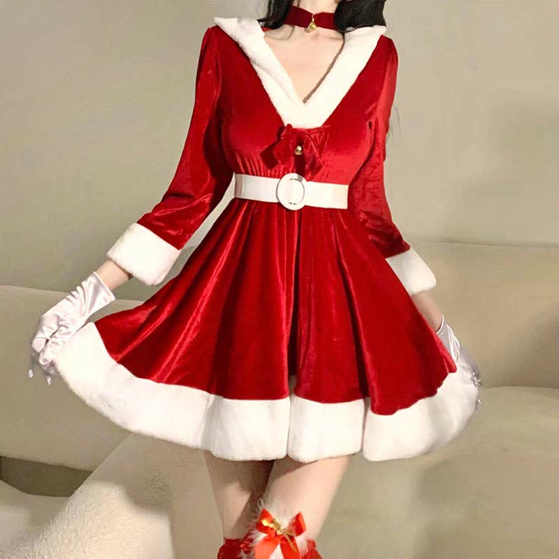 Bunny Ears Bow Knot V-neck Hooded Dress With Belt