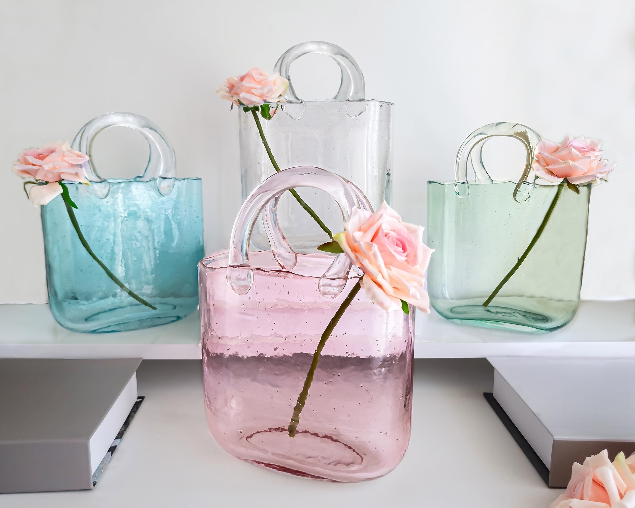 (Handmade) Pink Glass Bag vase -10 Inches- Clear