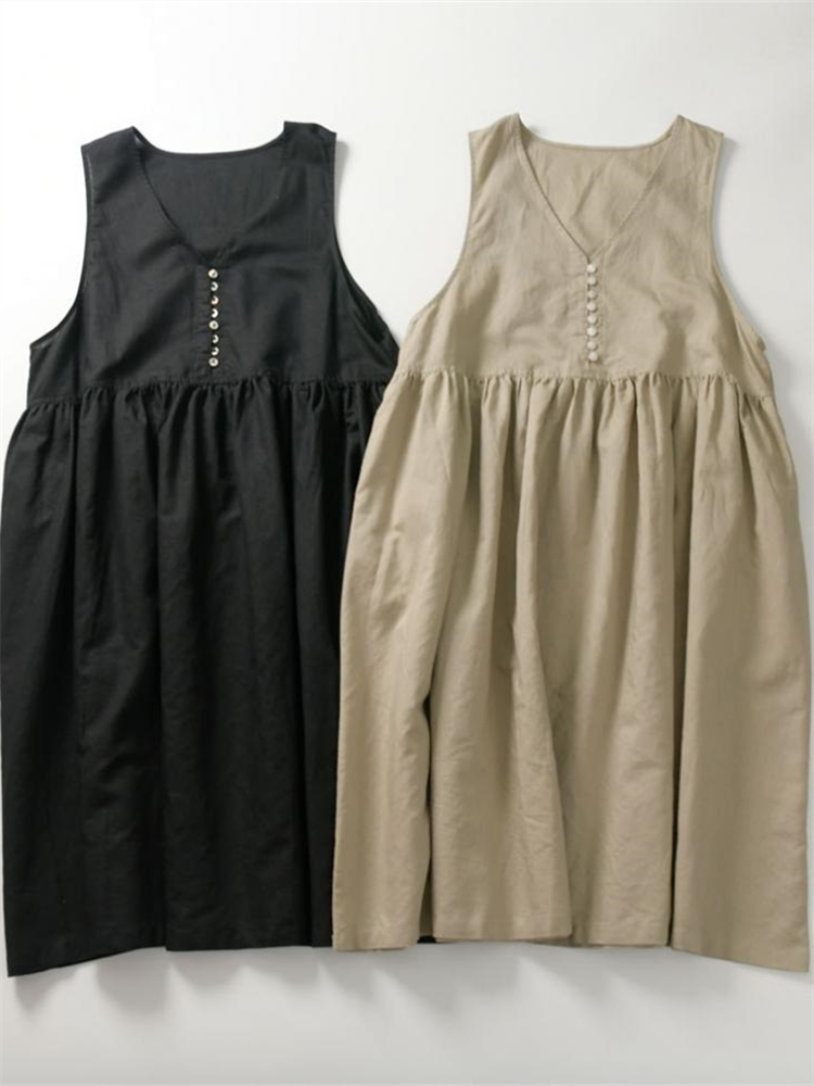 Vintage Button Up Pleated Pinafore Maxi Dress