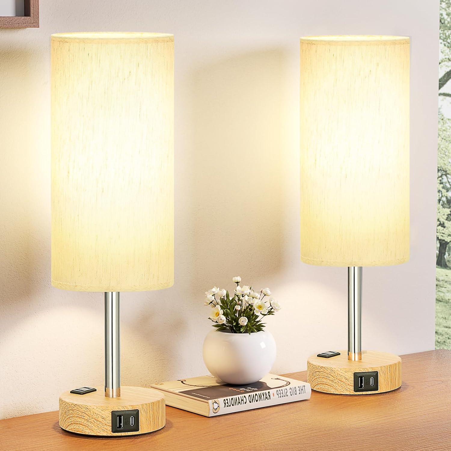 Bedside Table Lamp for Bedroom - 3 Way Dimmable Touch Lamp USB C Charging Ports and AC Outlet, Small Lamp Wood Base Round Flaxen Fabric Shade for Living Room, Desk, LED Bulb Included