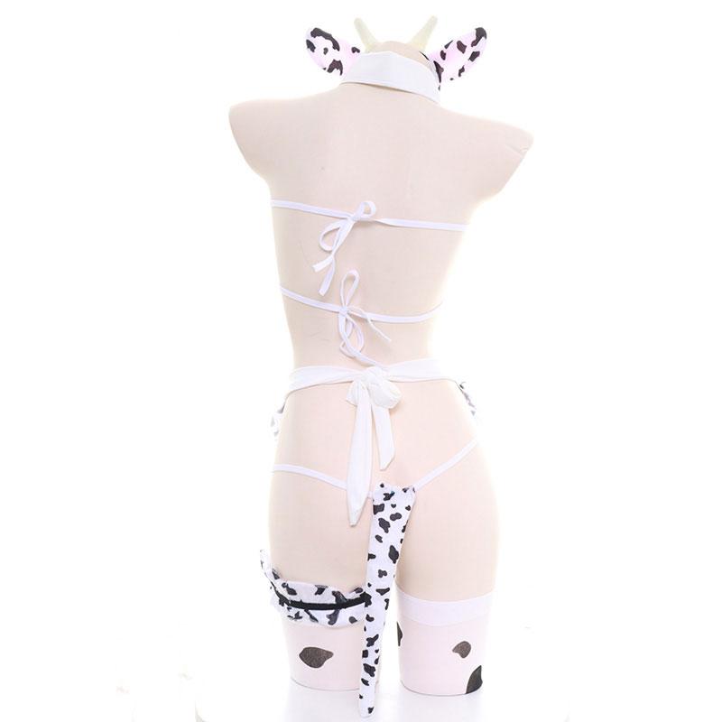 Cute Cow Bow Ruffle Headband Lingerie Set
