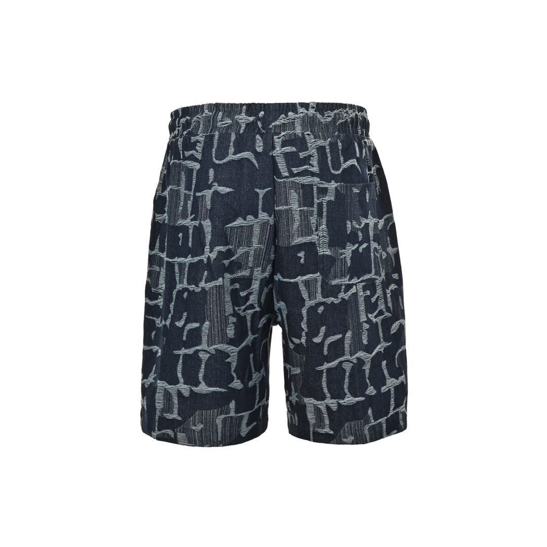 Fendi 24ss checkered FF linen fringe denim shorts