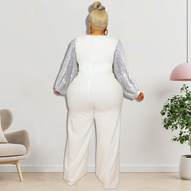 Plus Size Women Clothes Winter New Sequin Sleeve round Neck Jumpsuit New