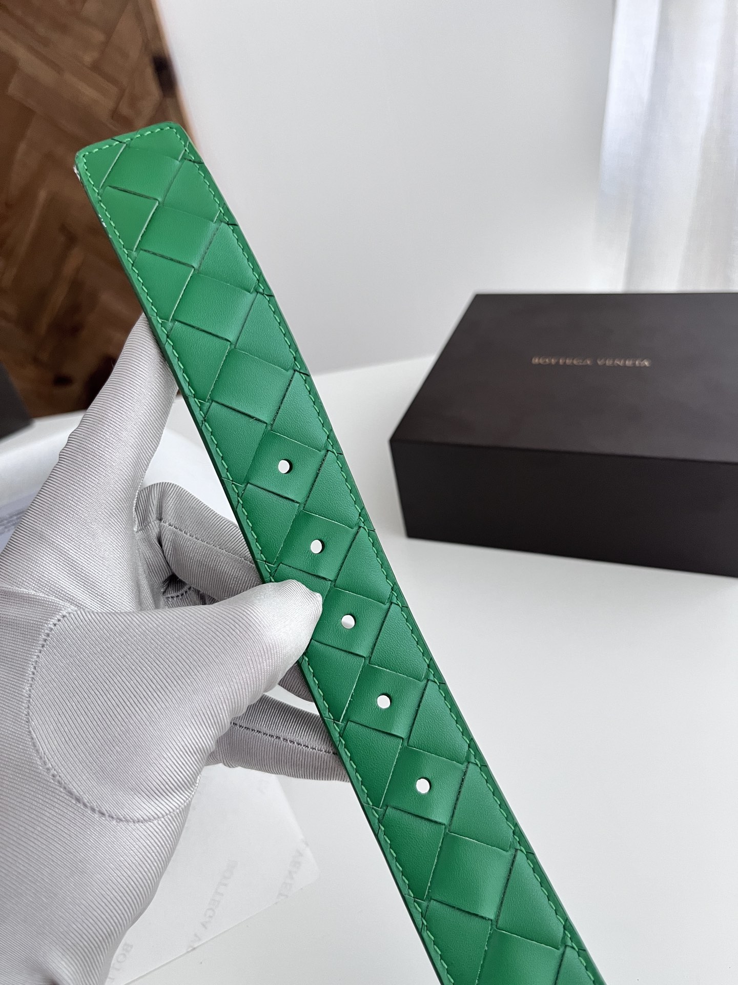 Bottega Veneta woven leather belt with rotating pin buckle, 3.5cm wide