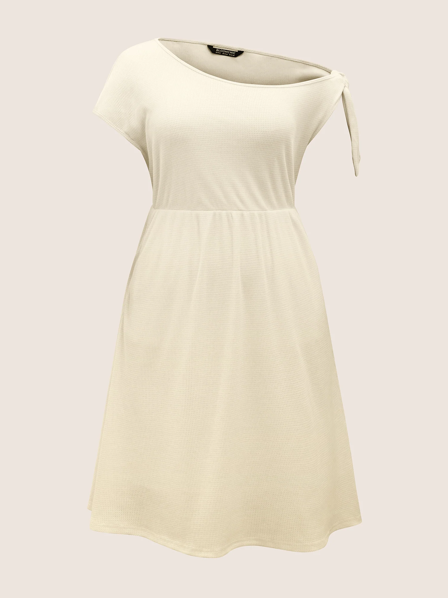 Asymmetrical Neck Waffle Knit Tie Knot Dress