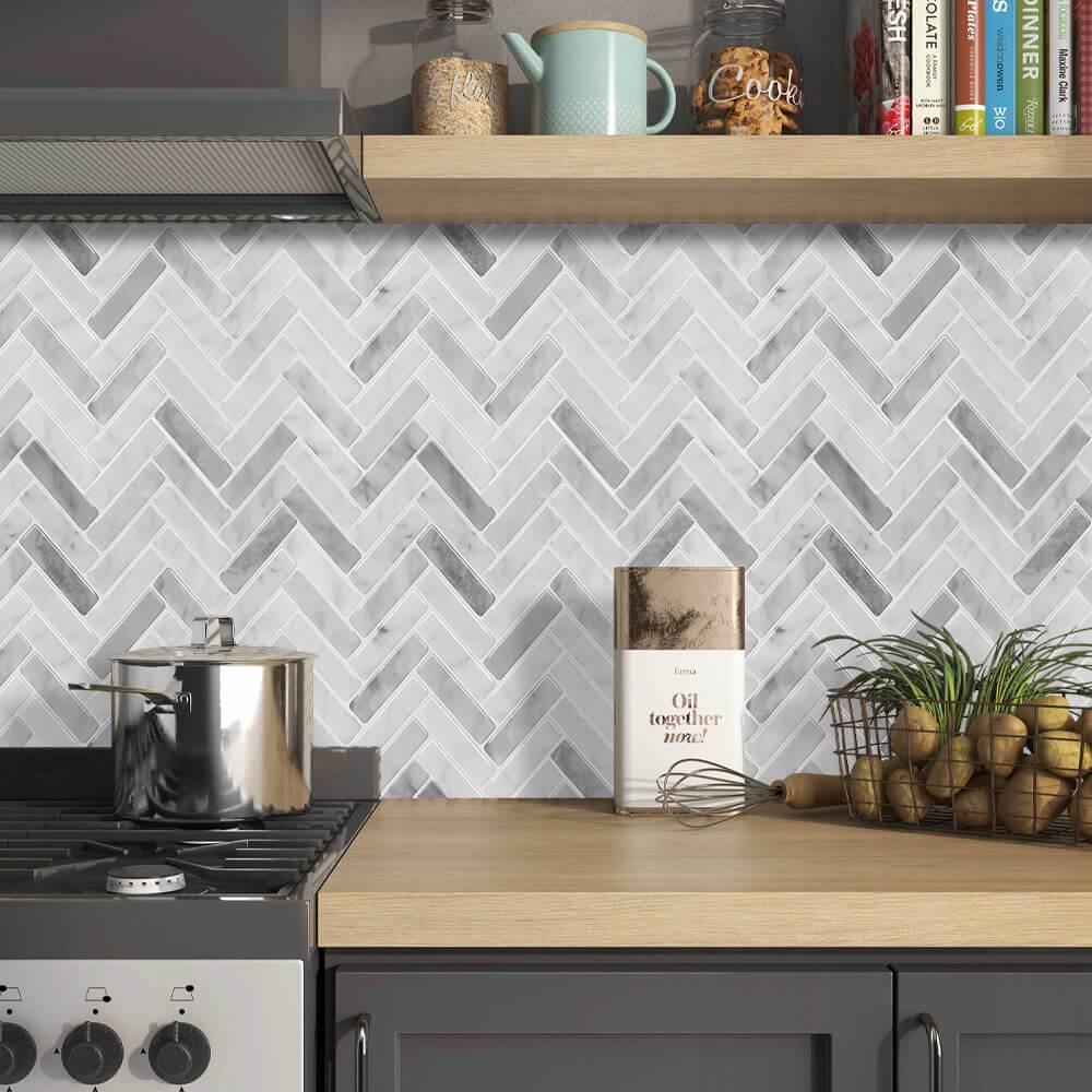 White Marble Herringbone Backsplash Peel and Stick Tile - Thicker Design
