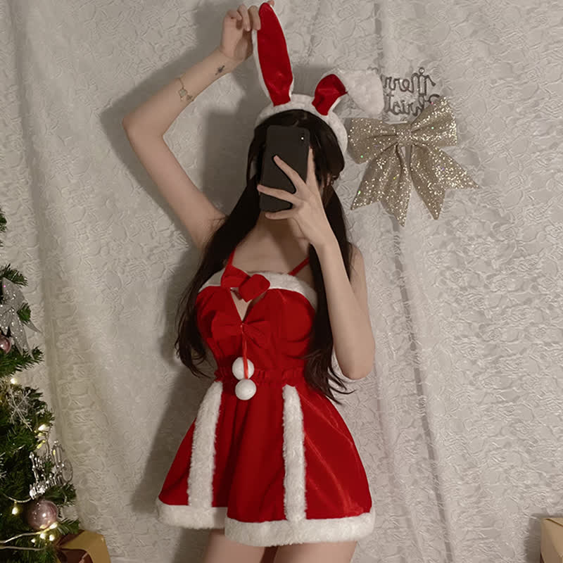 Bunny Tail Bow Fuzzy Ball Decor Slip Dress