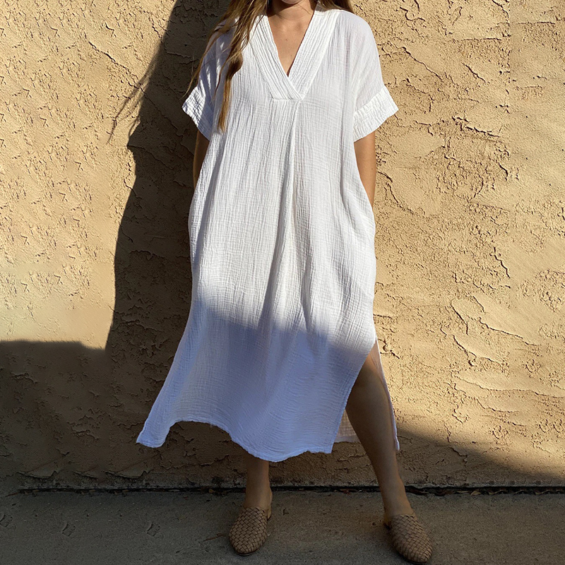 Vintage Plain V Neck Split Short Sleeve Maxi Dress