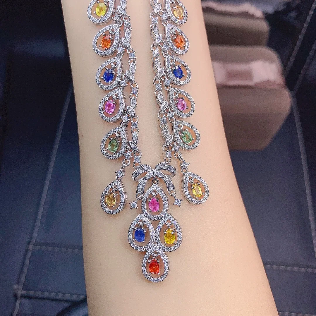 925 Sterling silver natural color sapphire necklace Jewelry Fire color good beauty women's luxury jewelry certified boutique