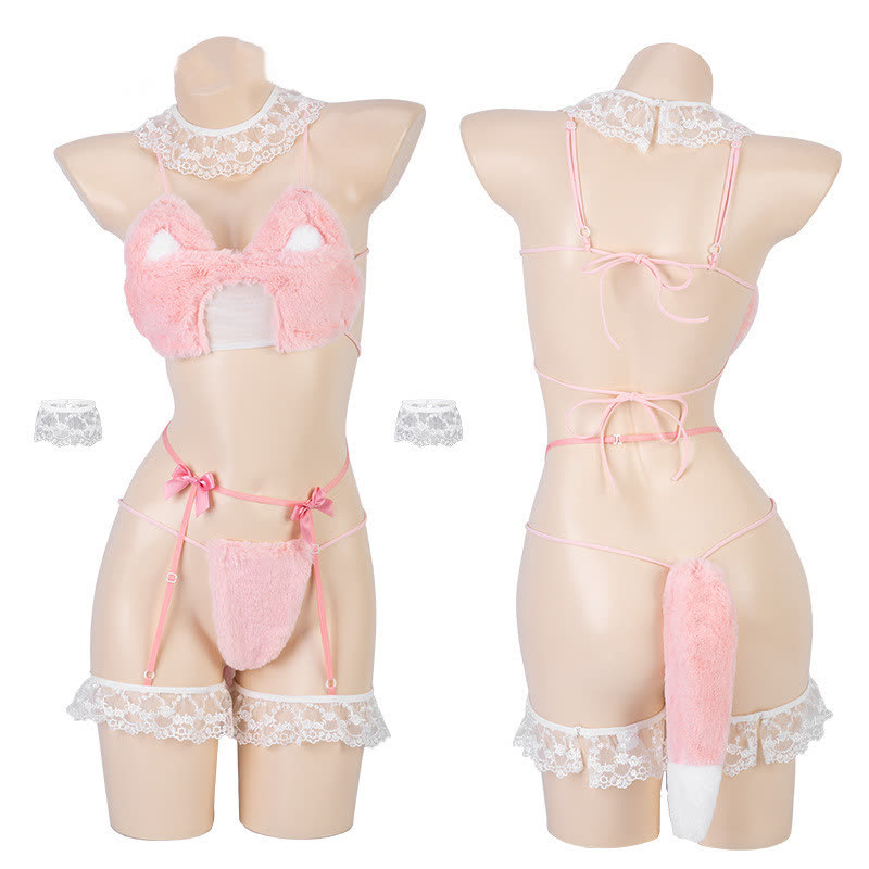Sexy Plush Bow Kitty Backless Lingerie Set