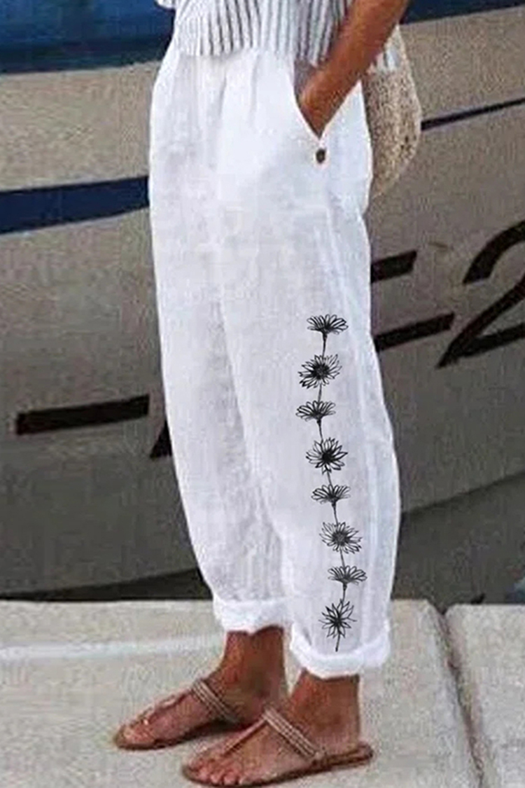 Cotton Linen Pocket Loose Printed Casual Pants