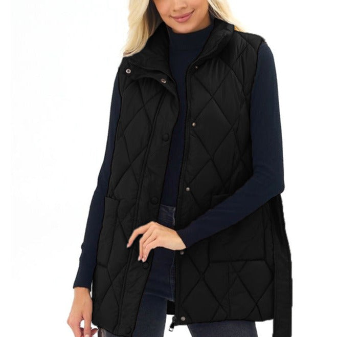 Mid-Length Women's Down Cotton Vest with a Station Collar