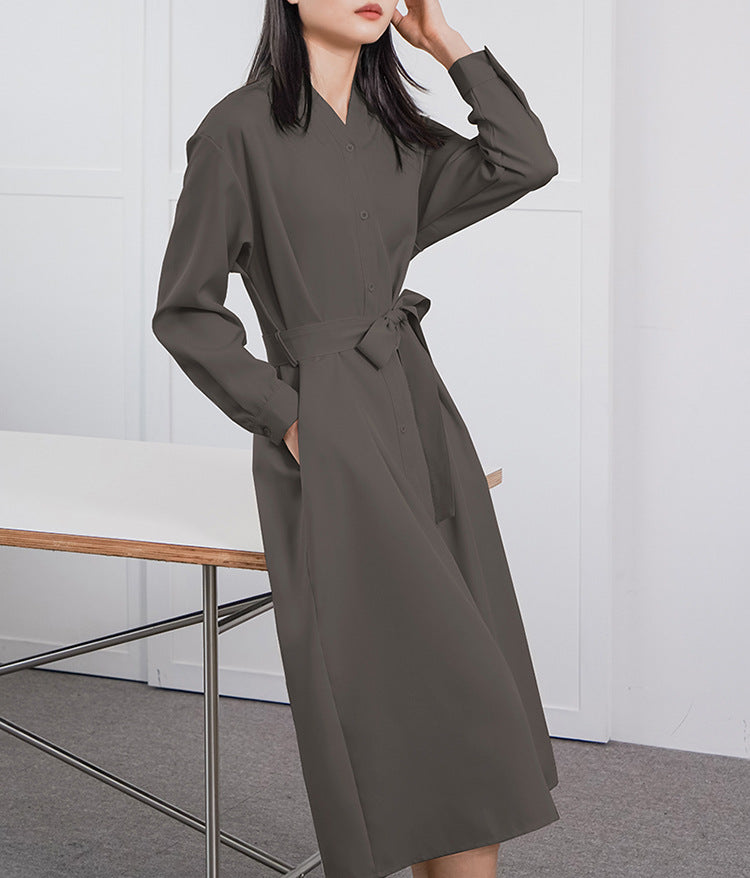 Spring Autumn Women Long Sleeve Loose Dress High Grade Windbreaker Dress Women Belt Adjustable