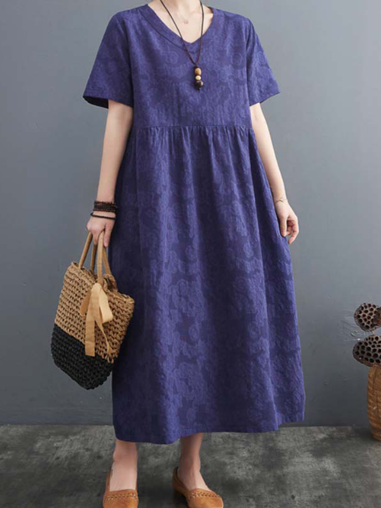 Loose Short Sleeve Jacquard V Neck Midi Dress