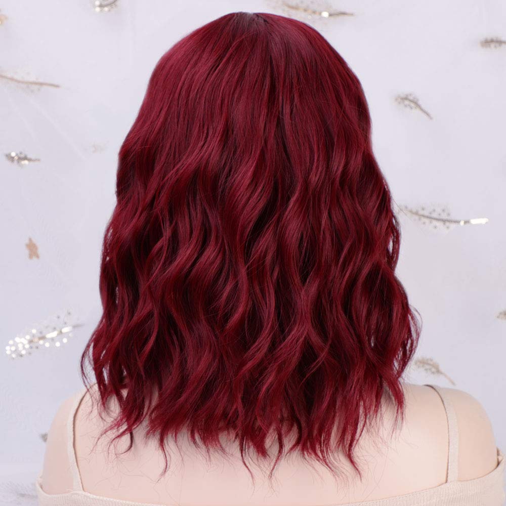 Luna Wine Red Women Bob Curly Wigs with Bangs Natural Looking Heat Resistant Fiber Hair for Women