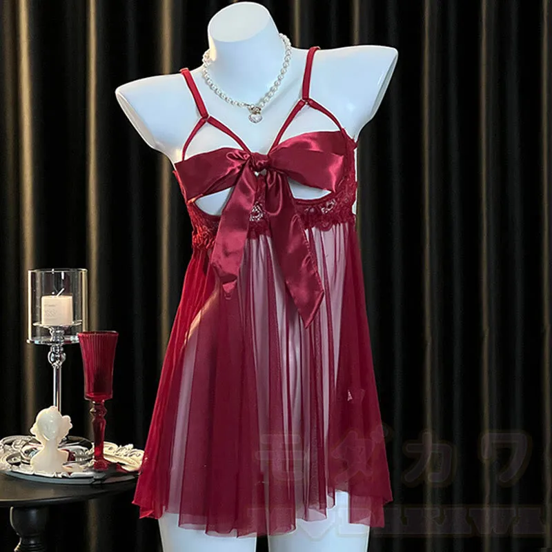 Bow Lace Hollow Out See Through Split Nightdress