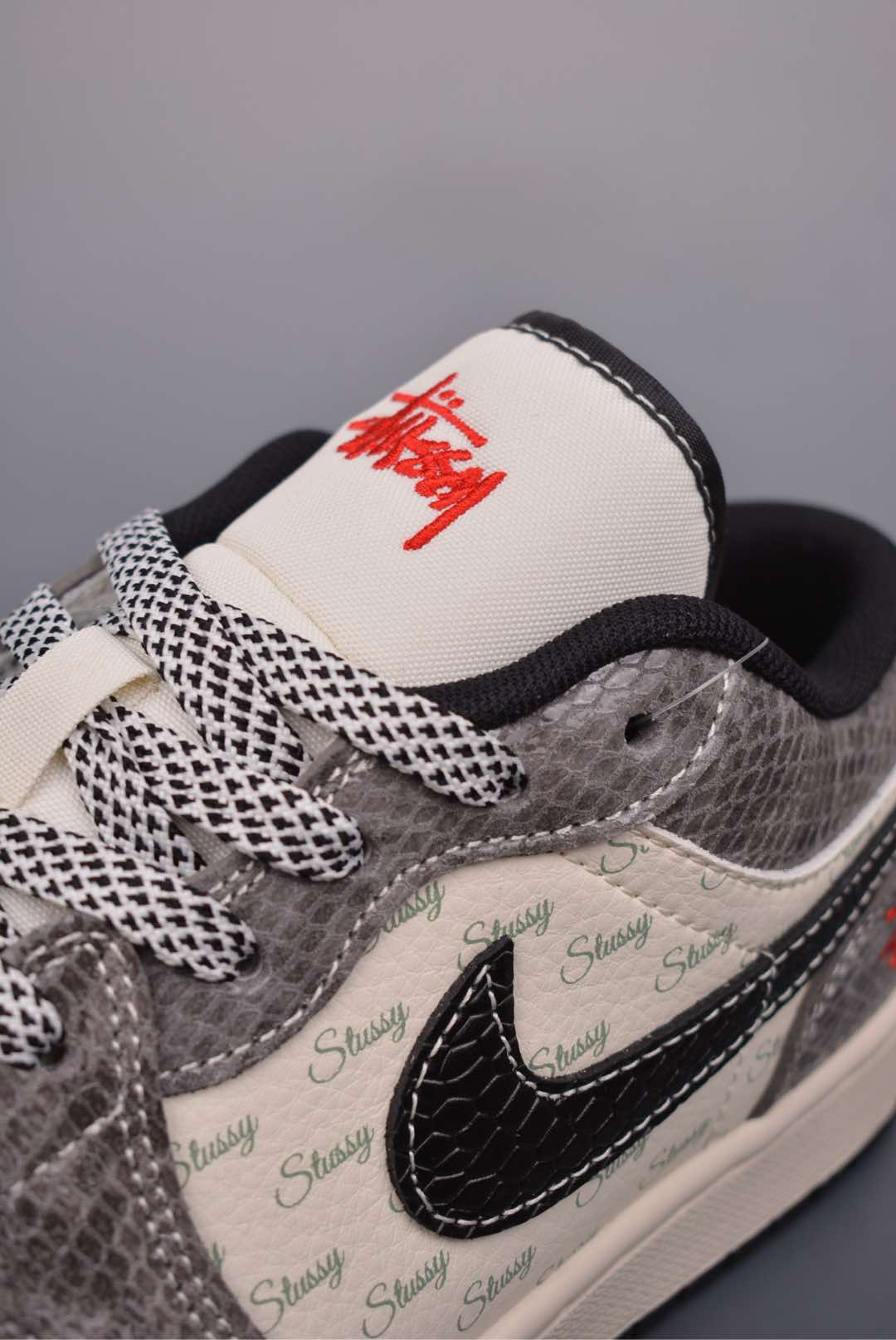 Stussy x Nike Air Jordan 1 Low OG Year of the Snake Beige Gray Snake Pattern FC1688-2