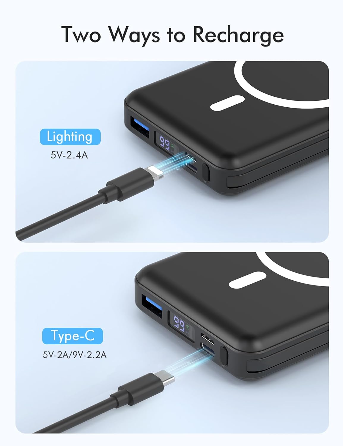 podoru Wireless Portable Charger, 10000mAh Magnetic Power Bank Built-in USB-C Lighting Cables 22.5W PD Fast Charging LED Display Mag-Safe Battery Pack for iPhone 15/14/13/12/Mini/Pro/Pro Max - White