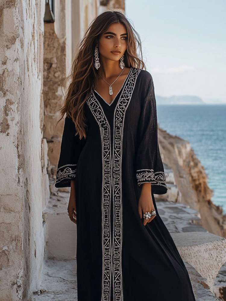 Elegant Greek Key V Neck Linen Blend Maxi Dress