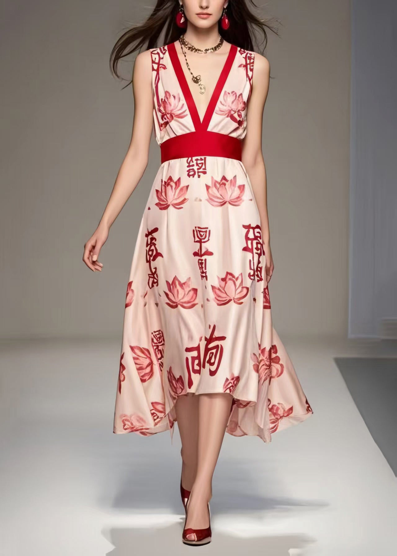 Fashion Apricot V Neck Print Chiffon Long Dress Sleeveless