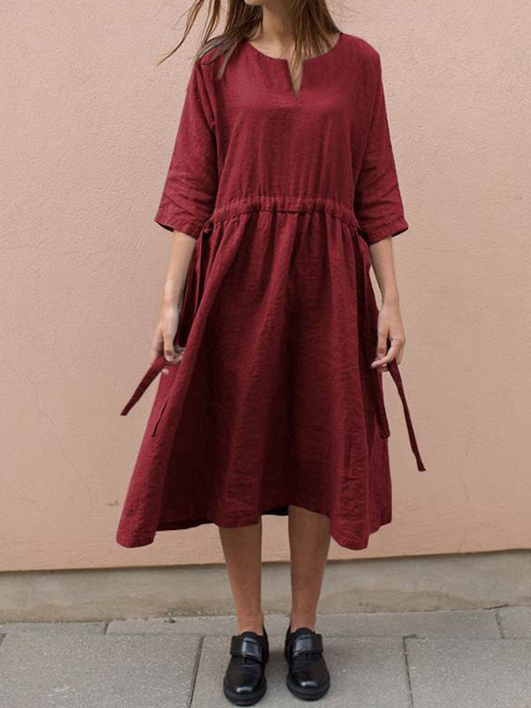 Solid Color Lace-up V Neck Midi Dress