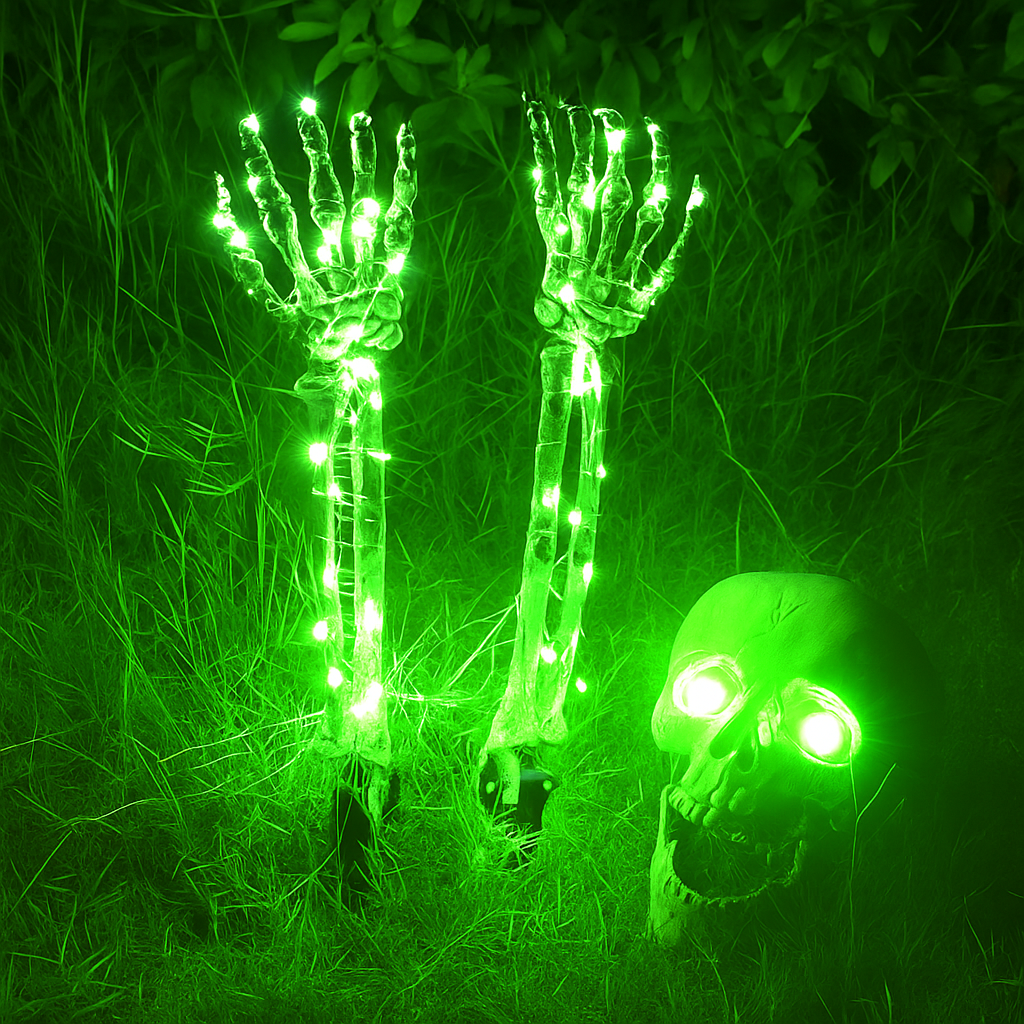 💀Halloween Skeleton Arms Stakes And Skeleton head Led Decorations-Adjusted Wrist,Waterproof ,LED with 8 Lighting Modes